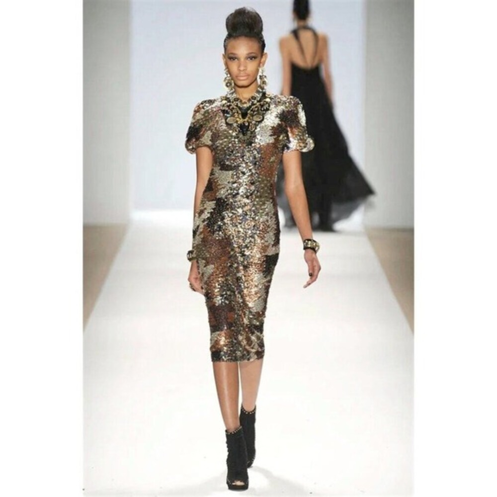 Naeem Khan Sequin Cocktail‎ Dress Gold Silver Black Size 8